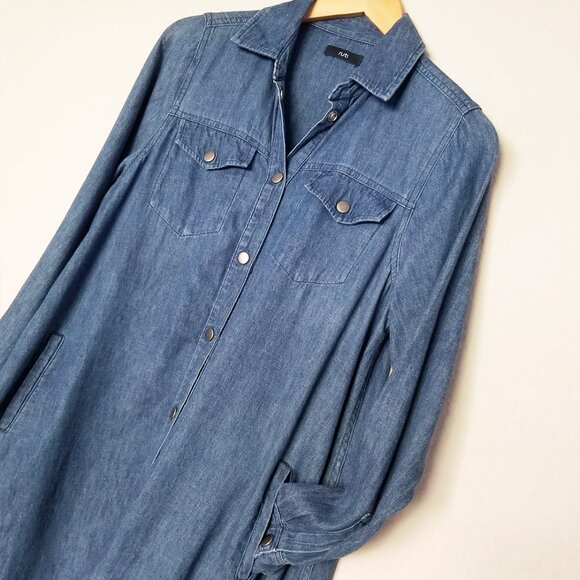 Ruti Chambray Denim Shirt Dress Hemp Organic Cotton Snap Button Frayed Hem Blue - Picture 6 of 16